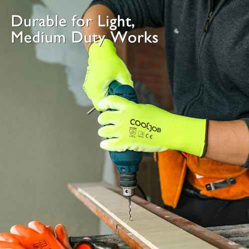 COOLJOB 60 Pairs Safety Work Gloves Pack Bulk with Grip PU Coating, 13 Gauge Seamless Knit Gloves with Polyurethane Dipped for Warehouse Working, Breathable Lightweight for Men Women, Yellow Large