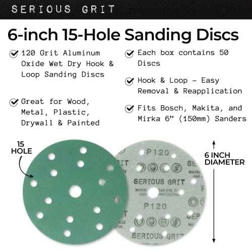 Serious Grit - 6-Inch 15-Hole 120 Grit Sanding Discs - Heavy-Duty Hook & Loop Film Discs - Sandpaper for Random Orbital Sanders - 50 Pack Box
