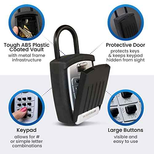 SL-500 Punch Button Lock Box, Black | Portable Shackle LockBox For Outside- Fits House Keys, Car Keys, Fobs, Credit Cards/IDs & More | Keypad Safe Box, Digital Push Button Combination Lock