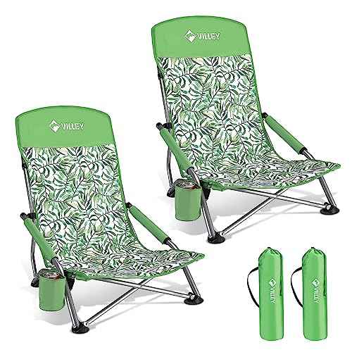 VILLEY Low Beach Chairs for Adults 2 Pack, High Back Folding Chairs, Lightweight and Portable for Outdoor, Camping, Lawn, with Cup Holder and Carry Bag - Green Tropical Leaves