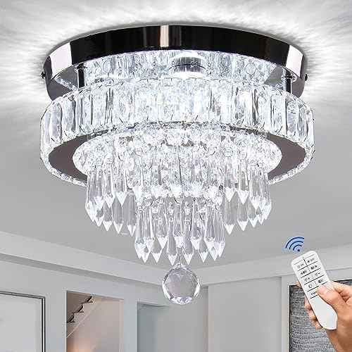 Finktonglan 11.8" Dimmable LED Modern Crystal Ceiling Light, Flush Mount Chandelier with 3 Light Colors, Remote Control for Bedrooms, Living Room, Hallway