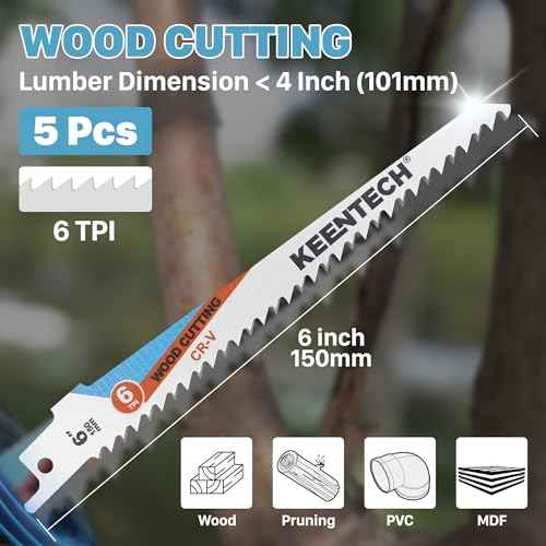 KEENTECH 6 Inch Cr-V Reciprocating Saw Blade 5-Pack for Cutting Wood, Engineered Wood, PVC Piping, Drywall, 6 TPI Fleam Ground Teeth, Compatible with Milwaukee Sawzall and Other Reciprocating Saws