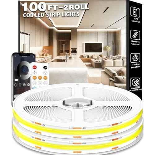 100FT COB Led Strip Lights, Uniform 6500K COB Rope Light,Bright Daylight White lights,High Density,App/Remote Control,Indoor 24V Cuttable Cabinet Lights for Bedroom,Bookshelf,Showcase,Kitchen