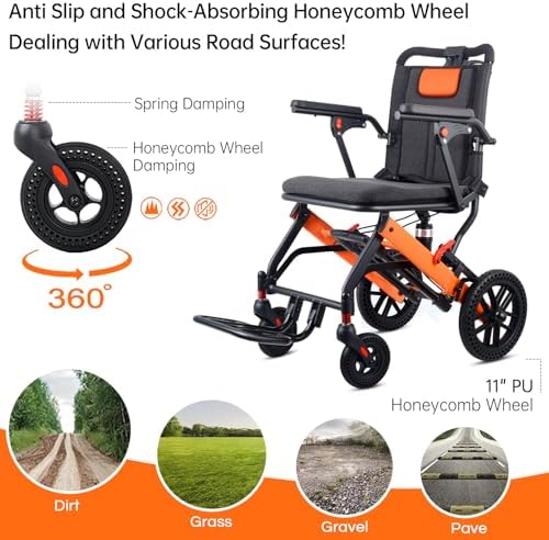 Upgraded Transport Wheelchair, Come with Telescopic Handle, Inflatable Seat Cushions, Wheelchairs for Adults, Lightweight Transport Wheelchairs, Travel Wheelchair Lightweight Foldable with 3 Bags