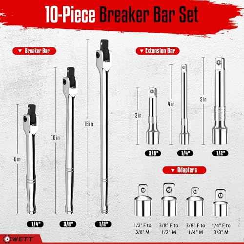 WETT 10-Piece Breaker Bar Set with 180¡Æ Rotatable Head, 1/4'', 3/8'' and 1/2'' Drive, Heavy Duty Breaker Bars with Extension Bars and Adapters, 6'', 10'' & 15'' Length, CR-V Steel