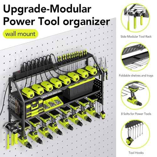 Power Tool Organizer Wall Mount with Charging Station, 8 Drill Holder with 8-Outlet Power Strip, Garage Cordless Drill Storage and Organization, Battery Utility Rack