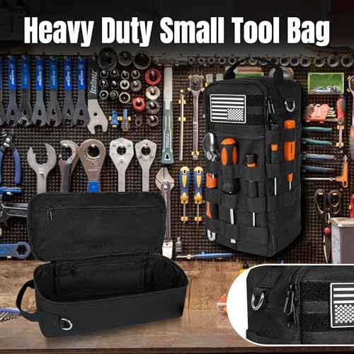 Portable Small Tool Bag, Heavy Duty Tool Pouch Bag with Shoulder Strap and D-ring Clip, Durable Waterproof Multiple Pockets Tool Hand Bag for Electricians, Carpenters, HVAC Technicians (Black)