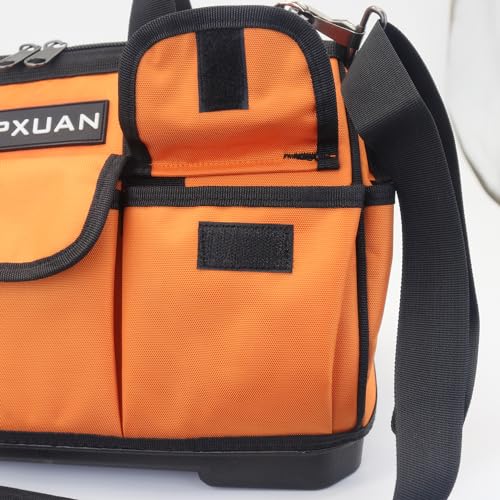 Tool Bag 16 Inch Molded Plastic Base Heavy Duty Waterproof Orange Tool Organizer Wide Mouth With Shoulder Strap for Power Tools and Hand Tools Oxford Cloth Fabric (16 Pockets)