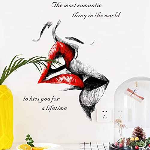 COKOYY Sexy Red Lips Kiss Wall Decals, Kiss You for a Lifetime Quotes Wall Stickers, Kissing Lips Fashion Silhouette Mural, Removable DIY Vinyl Decor Wallpaper for Bedroom, Living Room, TV Wall