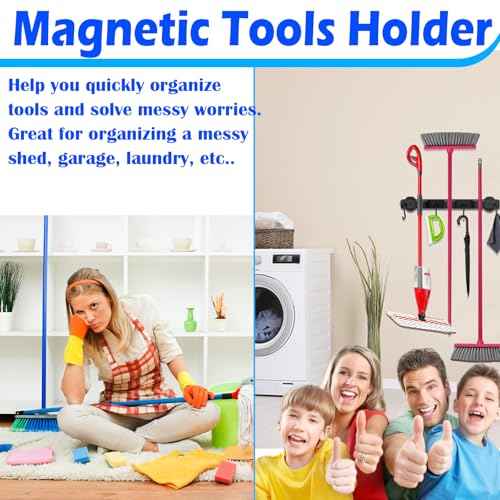 Strong Magnetic Mop Broom Holder, 1 Set Heavy Duty Magnetic Mop Hanger with 4 Hooks, Magnet Tool Hanger Wall Mount Storage Rack Organize System for Refrigerators Workshop Laundry Garage Kitchen