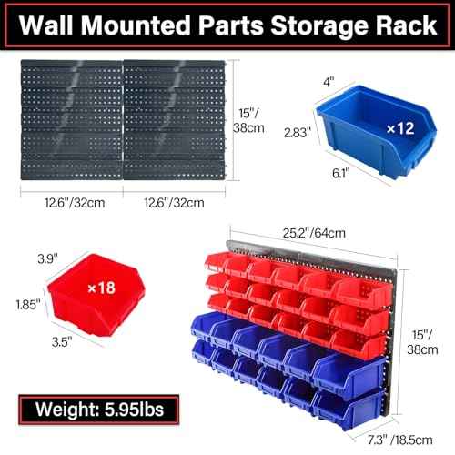 Wall Mounted Storage Bins Parts Rack, 30Pcs Bins Plastic Parts Rack Container, 5-Tier Stackable Garage Shop Tool Storage Rack for Nuts Bolts Screws Nails