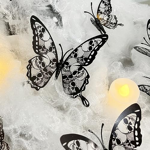 Halloween Wall Decor 3D Stereo Skull Butterfly Wall Decals Halloween Decorations Skeleton Butterflies Design Black Gothic Home Decor Halloween Wall Stickers for Door Wall Window Clings Decor 12Pcs