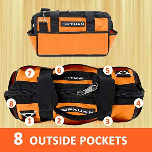 Tool Bag 13 Inch Waterproof Orange Tool Organizer with Wide Mouth and Shoulder Strap for Power and Small Hand Tools Oxford Cloth Fabric(18 Pockets)