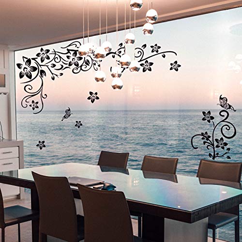 LiveGallery Removable Black Vinyl Flowers Wall Decals DIY Flower Vines and Butterfly Wall Stickers Decor Peel Stick Art Decoration for Teens Room Baby Girls Bedroom Living Room Home Wall Corner