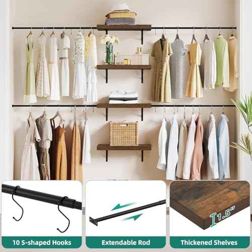 YITAHOME Wall-Mounted Closet System with Expandable Rod and Thickened Shelves ? Adjustable Clothing Rack for Bedroom, Laundry Room and Cloakroom, Suitable for 2-8 Feets Space