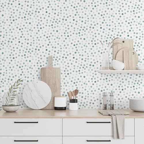 Dimoon 17.3''x78.7'' Peel and Stick Wallpaper Blue Green Boho Contact Paper Modern Polka Dot White Wallpaper Removable Self Adhesive Wall Paper Renter Friendly Bathroom Kitchen Vinyl Roll