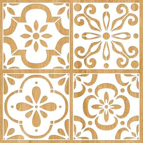 4-Pack Large Spanish Tile Stencils 12"x12" Reusable Floor Stencils Wall Templates for Painting on Floors, Tile, Concrete Patio, Wall, Furniture, Canvas, Spanish Talavera Stencils
