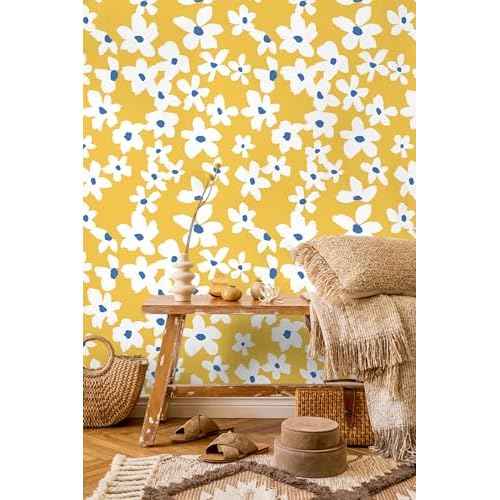 HAOKHOME Yellow Peel and Stick Wallpaper Floral Yellow/White/Blue Removable Wall Paper for Bedroom Bathroom Textured Stick on Contact Paper 17.7in x 9.8ft