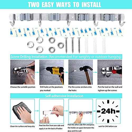 Broom Mop Holder Wall Mount Stainless Steel Tool Hanger Storage Organizer for Home, Kitchen, Garage, Garden, Laundry Room, Bathroom Organization and Storage(4 Racks 5 Hooks)