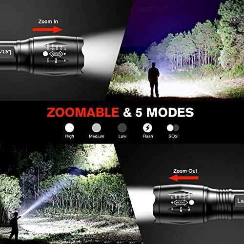 LETMY LED Tactical Flashlight S2000 [4 Pack] - High Lumens, Zoomable, 5 Modes, Waterproof Handheld LED Flashlight - Best Camping, Outdoor, Emergency, Everyday Flashlights
