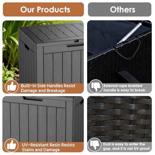 30-Gallon Outdoor Deck Box with Wood-Grain Finish, UV Resistant Waterproof Storage Container with Lock, Storage Box for Camping, Garden & Backyard, Multi-Functional Seat and Table, Black