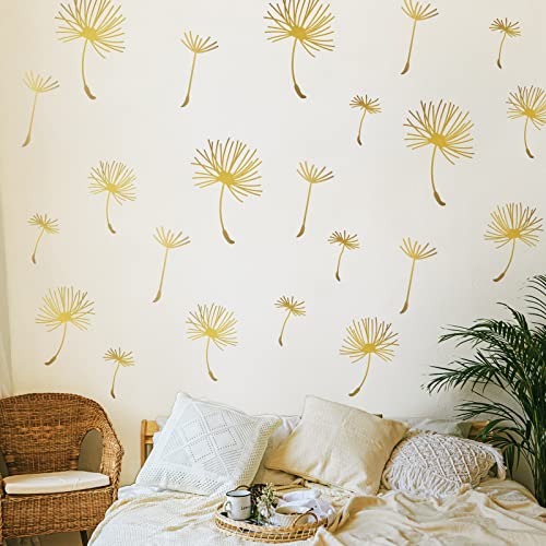 66 Pcs Wall Decals Peel and Stick Dandelion Wall Stickers Metallic Flower Murals Floral Decor Sticker for Bedroom Bathroom Living Room Nursery Office Decor(Gold,6 Pcs)