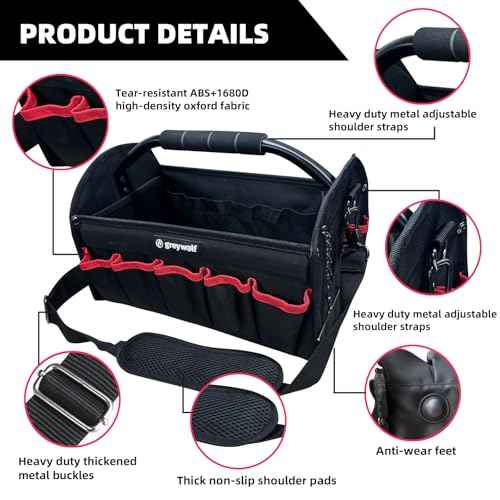 16 inch tool bag, foldable open top tool bag, 1680D waterproof and wear-resistant, 26 pockets to hold various tools, wide mouth electrician tool tote bag, steel handle and adjustable shoulder strap
