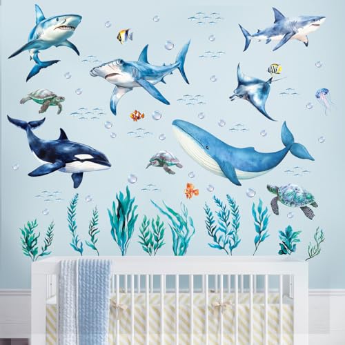 SHUCHING Removable Shark Wall Decals Peel and Stick, Vinyl Ocean Wall Sticker, Under The Sea Wall Decor Art for Nursery Playroom