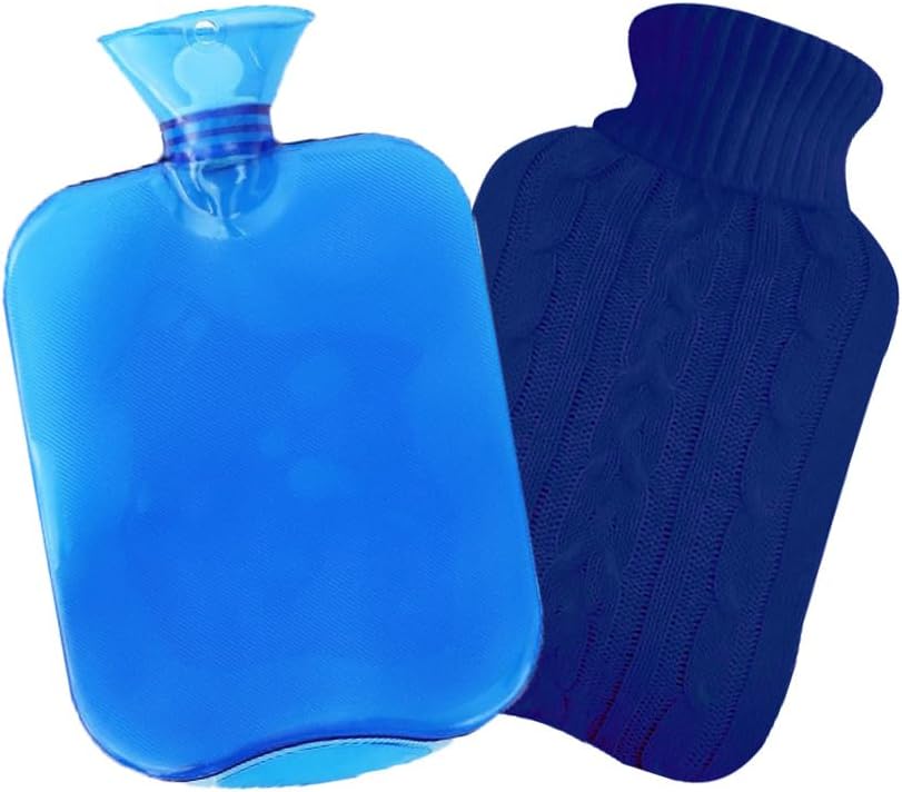 Hot Water Bottle with Knitted Cover,2L Hot Water Bag,Hand Warmer Bag,Hot and Cold Therapies for Sore Muscles,Menstrual Cramps,Neck and Shoulder Pain Relief,Great for Women,Childs (Blue)