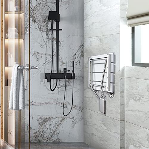 Folding Shower Seat and Bench Wall Mounted, Shower Chair Foldable, Shower Stool Collapsible for Inside Shower Bathroom Bathtub Small Space, 350lb Capacity, Plastic Wood