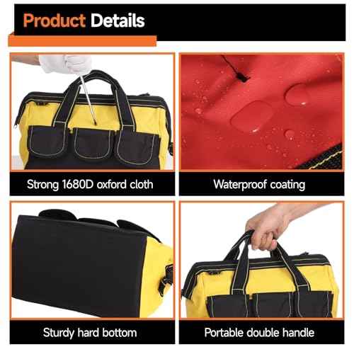 4 Pcs Tool Bags for Men, Heavy Duty Waterproof Tool Tote Bags with Shoulder Straps, Multi Pockets Tool Organizers with Wide Mouth and Hard Bottom for Electrician, Carpenter