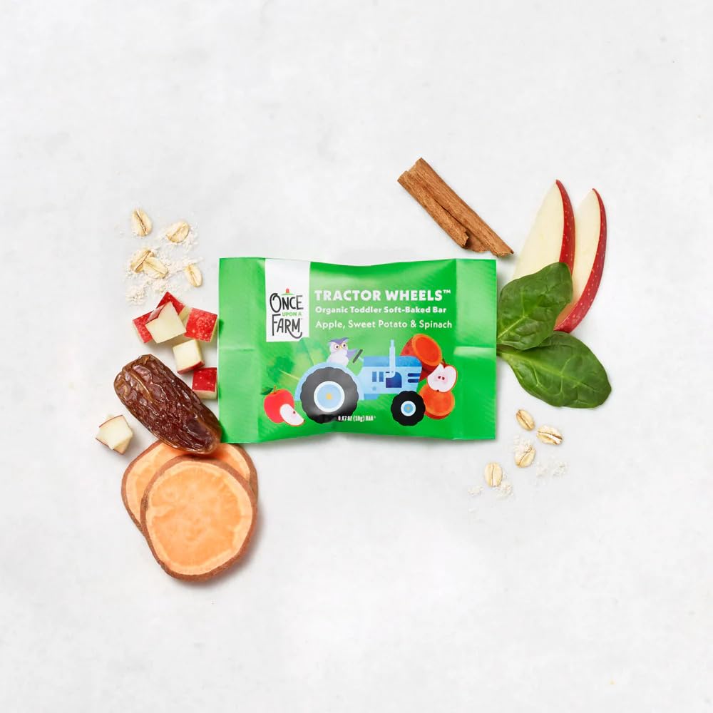 Once Upon a Farm | Organic Toddler Soft-Baked Bar Tractor Wheels Variety Pack | Apple, Strawberry, Banana | Made with Real Fruit & Veggies | No Added Sugar | 30 Bars