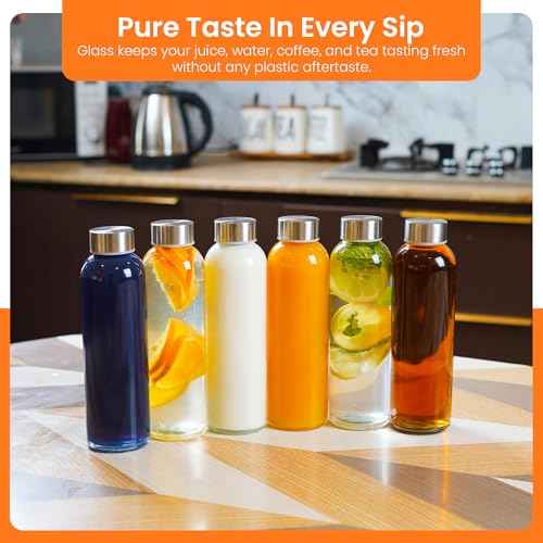 Epica Clear Glass Bottles with Lids, 18oz Resuable Glass Water Bottles for Juicing with Stainless Steel Cap to store Milk, Smoothie, etc., 100% Leak Proof, Durable and Dishwasher Safe (Set of 6)