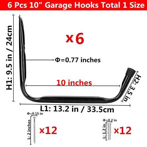 Heavy Duty Giant Garage Storage Hook Wall Mounted Utility Hanging Rack for Surfboard,Ladder,Kayak (6 Pcs Black 10" J Hook)