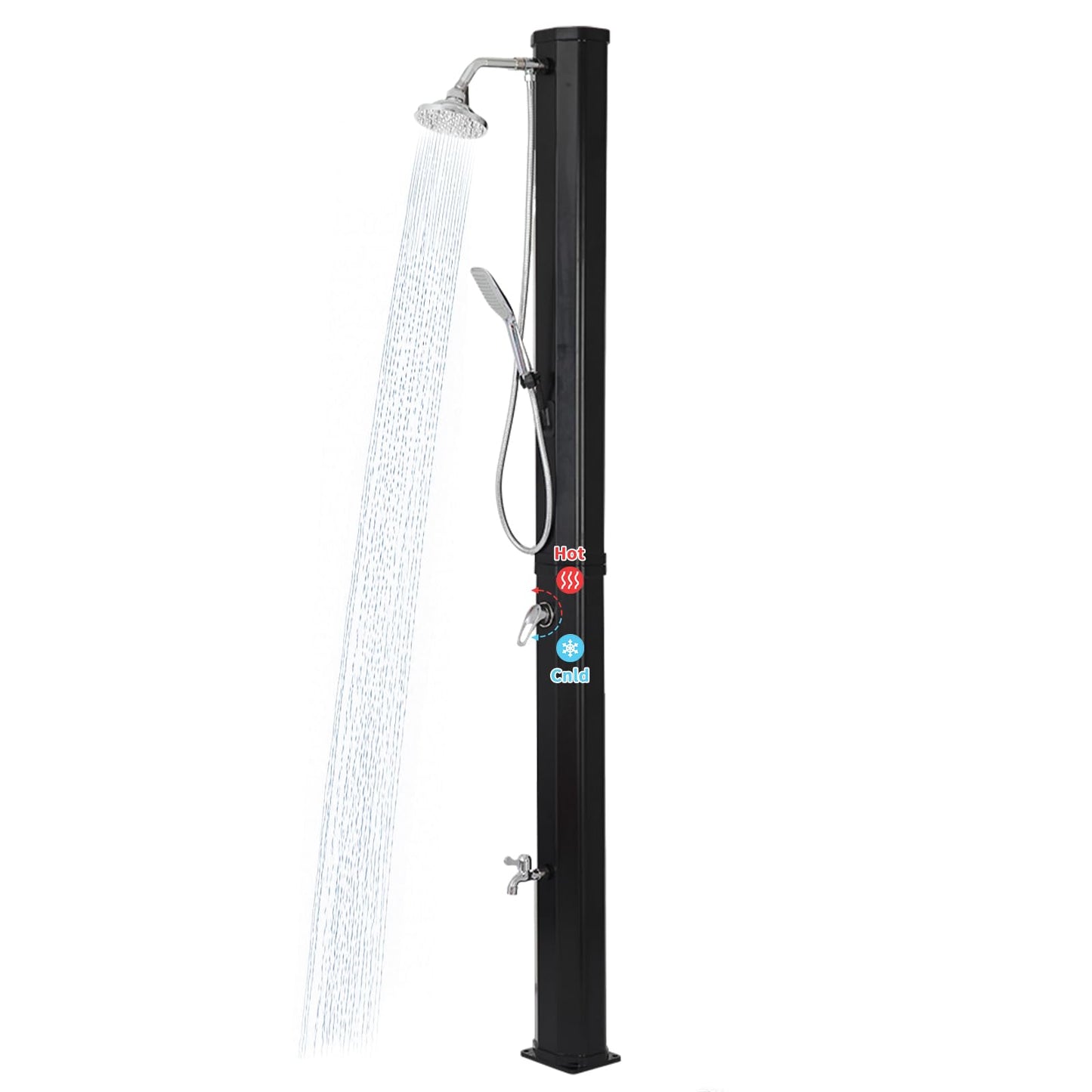 9.3 Gallon Solar Heated Outdoor Shower, 7.2FT Height, 360°Rotating Rainfall + 6FT Handheld Shower + Foot Faucet, Freestanding Black Poolside Shower with Hot & Cold Water Adjustment