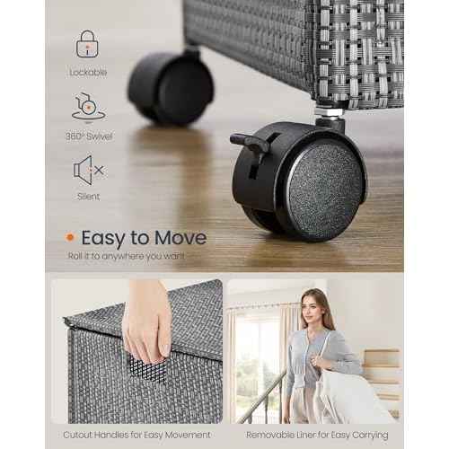 SONGMICS HOME Laundry Hamper with 3 Section, Large 140 L Rolling Laundry Basket with Wheels, Rattan Clothes Basket with Lid, Removable Liner with Handles, Dove Gray and Matte White ULCB602G01