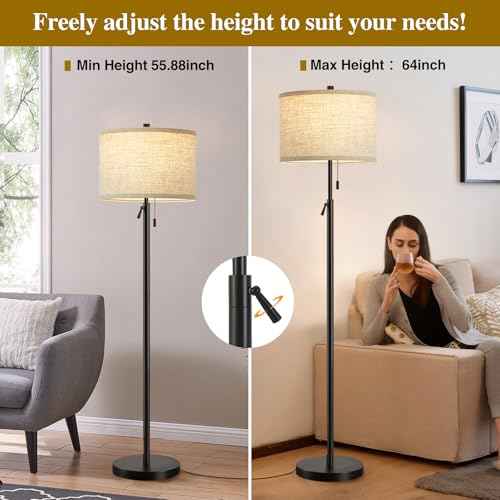 GyroVu Black Floor Lamp, Height Adjustable Standing Lamp Tall Lamp with Fabric Lampshade&Pull Chain Corner Floor Lamps for Living Room, Bedroom & Office Bulbs Not Included(Black Base)