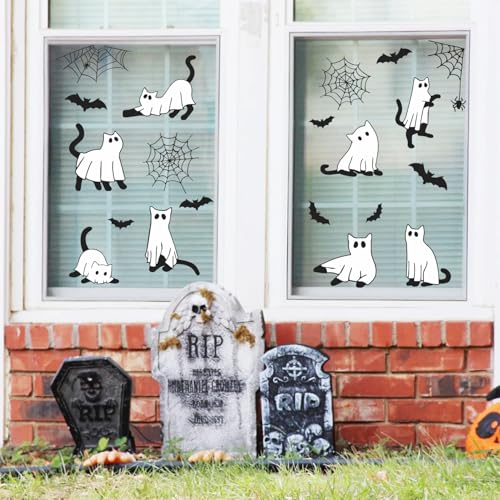 IARTTOP Happy Halloween Window Clings Sticker (100x30cm) Ghost Boo Wall Decals Spider Web Bat Window Stickers Halloween Black Cats Double Sided Decals for Glass Party Home Decoration