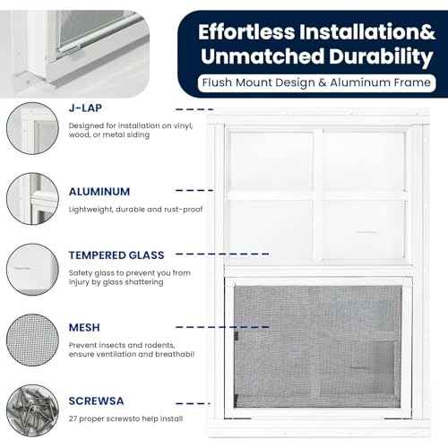 COLORPAPA 2 Pack Shed Windows,12" x 18" Small Sliding Windows,Flush Mount Windows with Tempered Glass and Fiberglass Screen for Shed, Chicken Coop, Playhouse, Household, Garage, Barns (White)