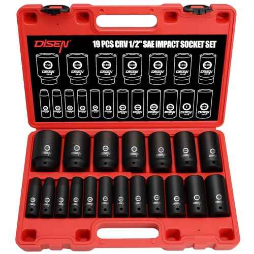 DISEN 19 Pcs 1/2" SAE Impact Socket Set, Deep Sockets 3/8"- 1-1/2", 6-Point Cr-V & Alloy Steel, 1/2 Inches Drive Impact Socket Set,Rugged Construction, Enhanced Storage Case