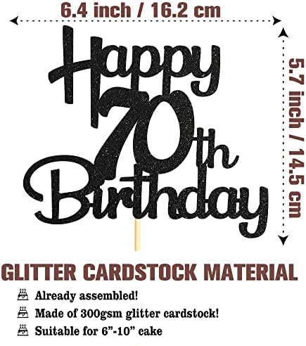 Sotpot Happy 70th Birthday Cake Topper Black Glitter 70th Cake Toppers 70 Birthday Cake Decorations for Cheers to 70 Fabulous Birthday Party Supplies - 1 Pack