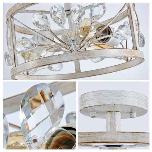 WUZUPS Crystal Leaf Chandelier 3-Light Vintage Farmhouse Industrial Semi-Flush Mount Ceiling Light Lighting Fixture for Foyer Hallway Storage Room Kitchen Bathroom, H 8.5" W 12", Antique White