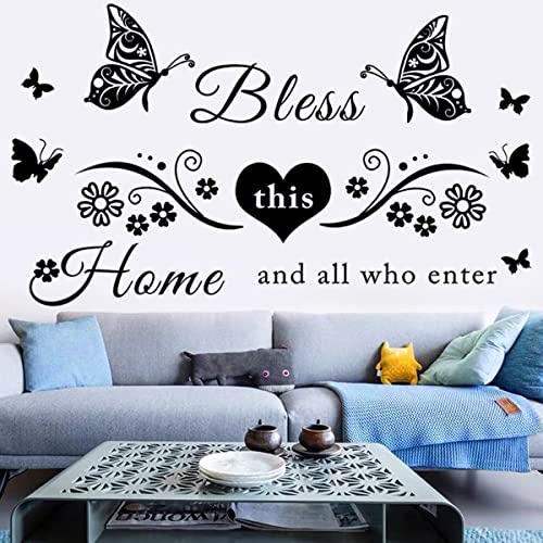 Vinyl Wall Stickers Quotes Art Decal Sticker Bless This Home and All Who Enter Wall Decals Flowers Butterfly Wall Decor Sticker for Entryway Living Room Home Decor