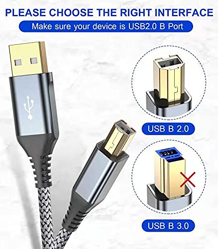 sweguard Printer Cable 6.6ft, USB 2.0 Midi Cord USB-A to USB-B Cable, High Speed Nylon Braided Scanner Printer Cord for HP Canon Dell Epson Brother Lexmark Xerox Samsung Piano DAC & More - Grey