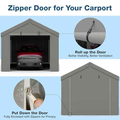 Carport Canopy Replacement Zipper Door Fits 12x20 FT Carport, Waterproof & UV Protected, Easy Assembly with Ball Bungees, Grey (Door Panel Only, 1 Pack)