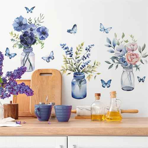 Blue Flower Vase Butterfly Wall Stickers, sacinora Floral Art DIY Wall Decals Removable Vinyl Peel and Stick for Living Room Bedroom Study Room Nursery Decorations
