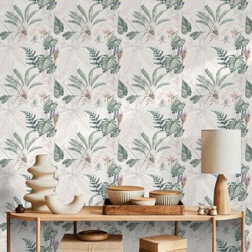 Peel and Stick Wallpaper Tropical Botanical Palm Tree Leaf Contact Paper Waterproof Self Adhesive Removable Floral Boho Vinyl Roll for Bathroom Bedroom Living Room Kitchen 17.32" x 118.11"
