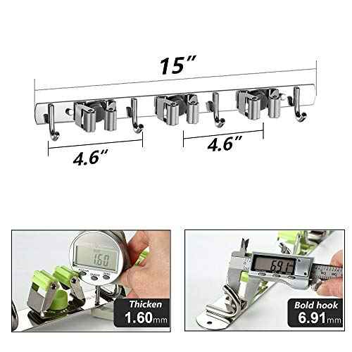 DGSL 4 PCS Broom Holder Wall Mount with 3 Racks 4 Hooks, Stainless Steel Wall Mounted Organizer Mop and Broom Storage Tool Rack for Home Kitchen Garden