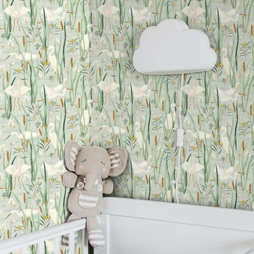 Ismoon Green Peel and Stick Wallpaper Boho Nursery Wall Paper Crane Egret Light Green Contact Paper Vinyl Removable Wallpaper for Cabinets Shelf 16.1x78.7in