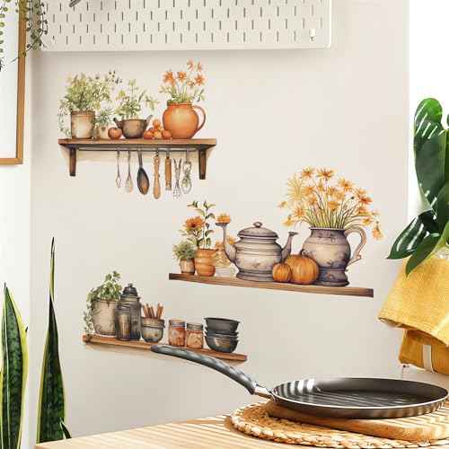 Green Plants Flowers Potted Wall Stickers, sacinora Kitchenware Utensil Painted Wall Decals Removable Vinyl Peel and Stick for Kitchen Dining Restaurant Baking Room Bar Art Decorations